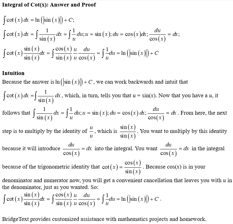 Integral of Cot(x): Answer & Proof